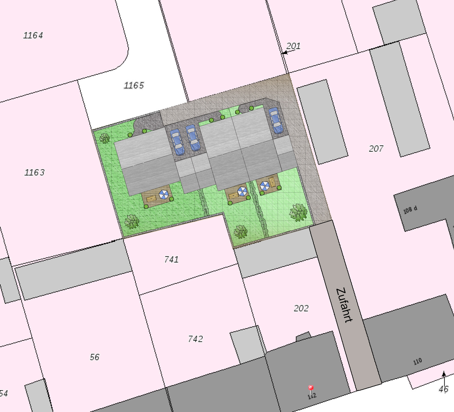 Site plan of a property with building complex, parking spaces, green areas, and driveway.