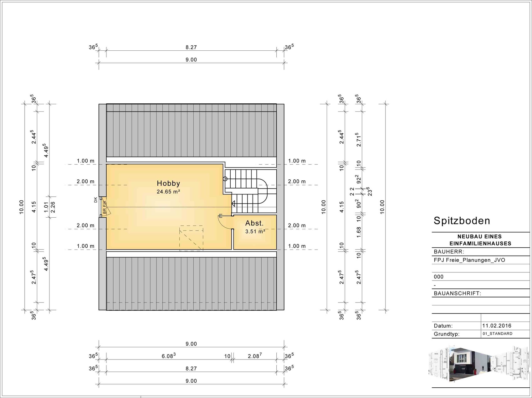 Attic floor plan of a single-family house with hobby room and storage room.