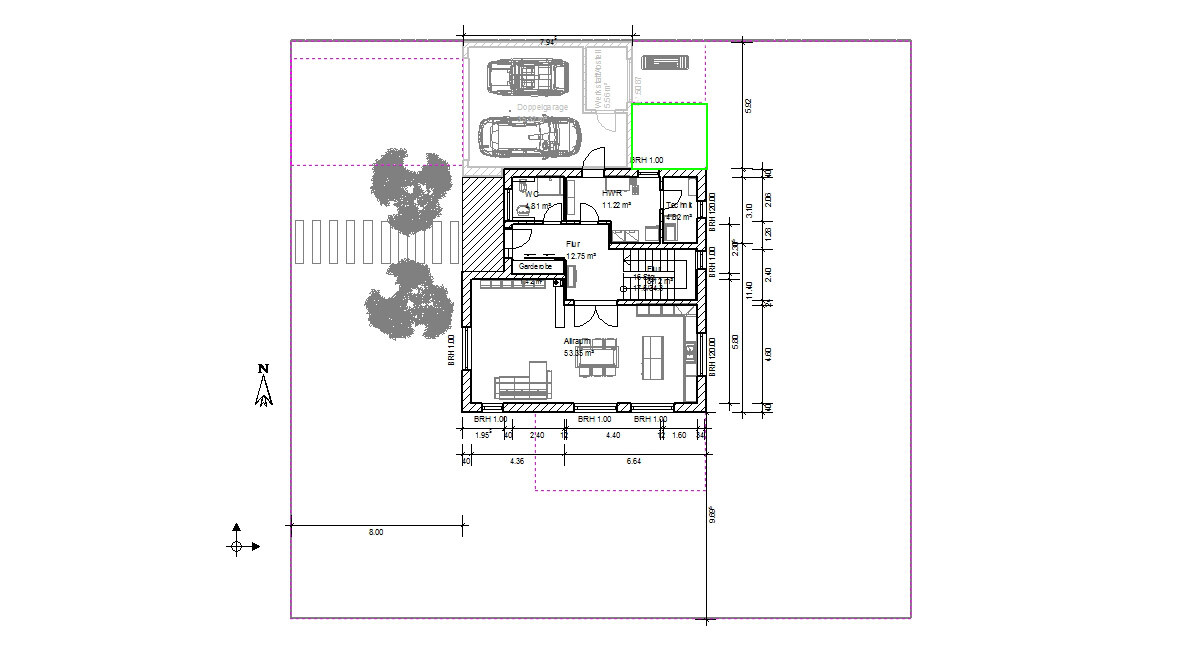Detailed floor plan of a house with garden, driveway, and two parking spots.