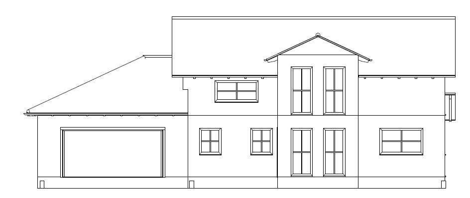 Two-story house with garage and large windows; architectural line drawing of the facade.