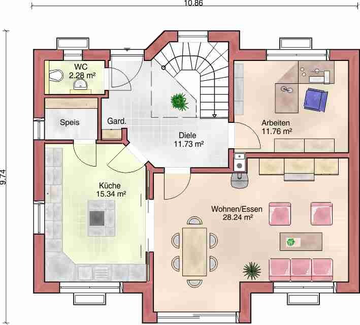 Ground floor plan with kitchen, living/dining area, study, hallway, and WC