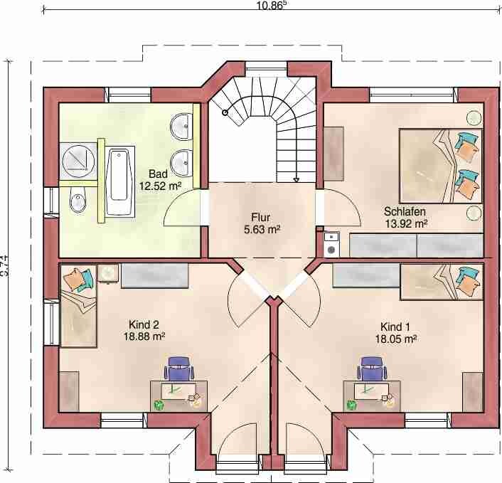 Upper floor plan with bathroom, corridor, bedroom, and two children's rooms including staircase