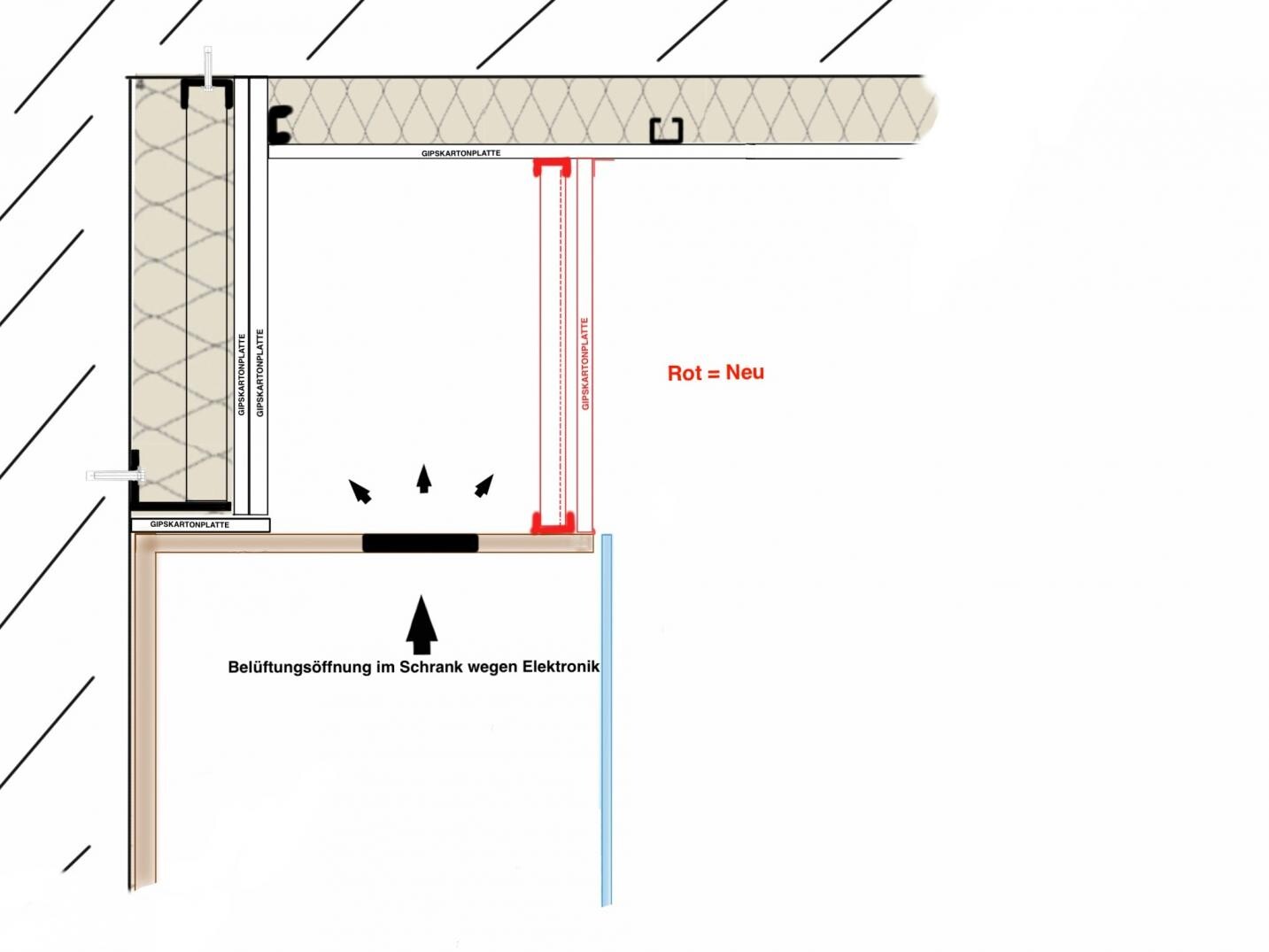 Detail of an interior construction plan with drywall panels and ventilation opening