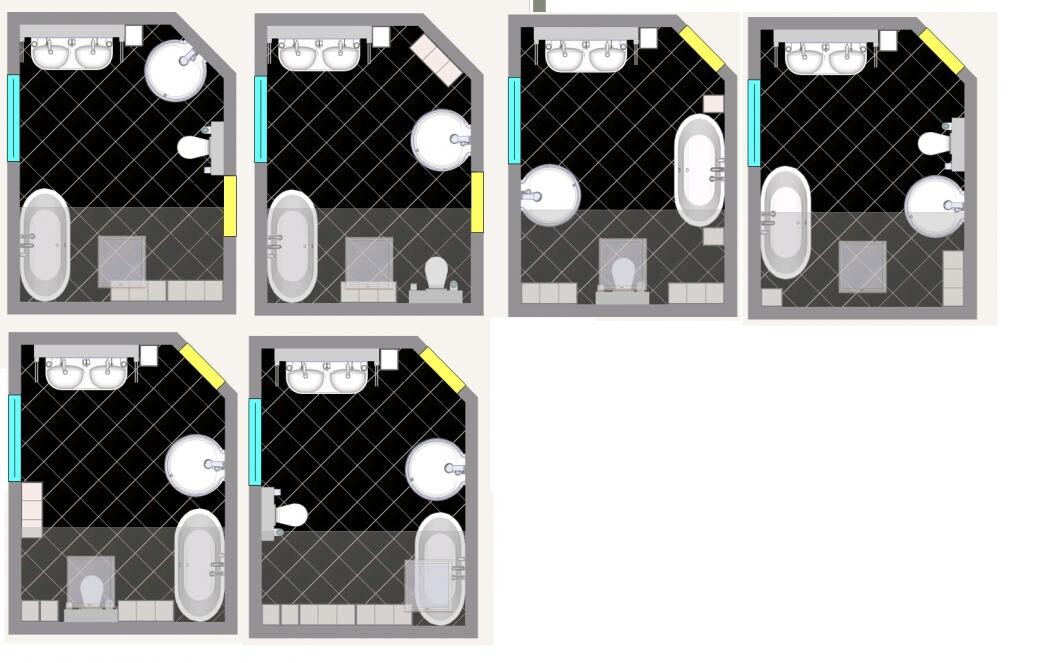 Seven bathroom floor plans with bathtub, toilet, washbasin, and tiled floor.