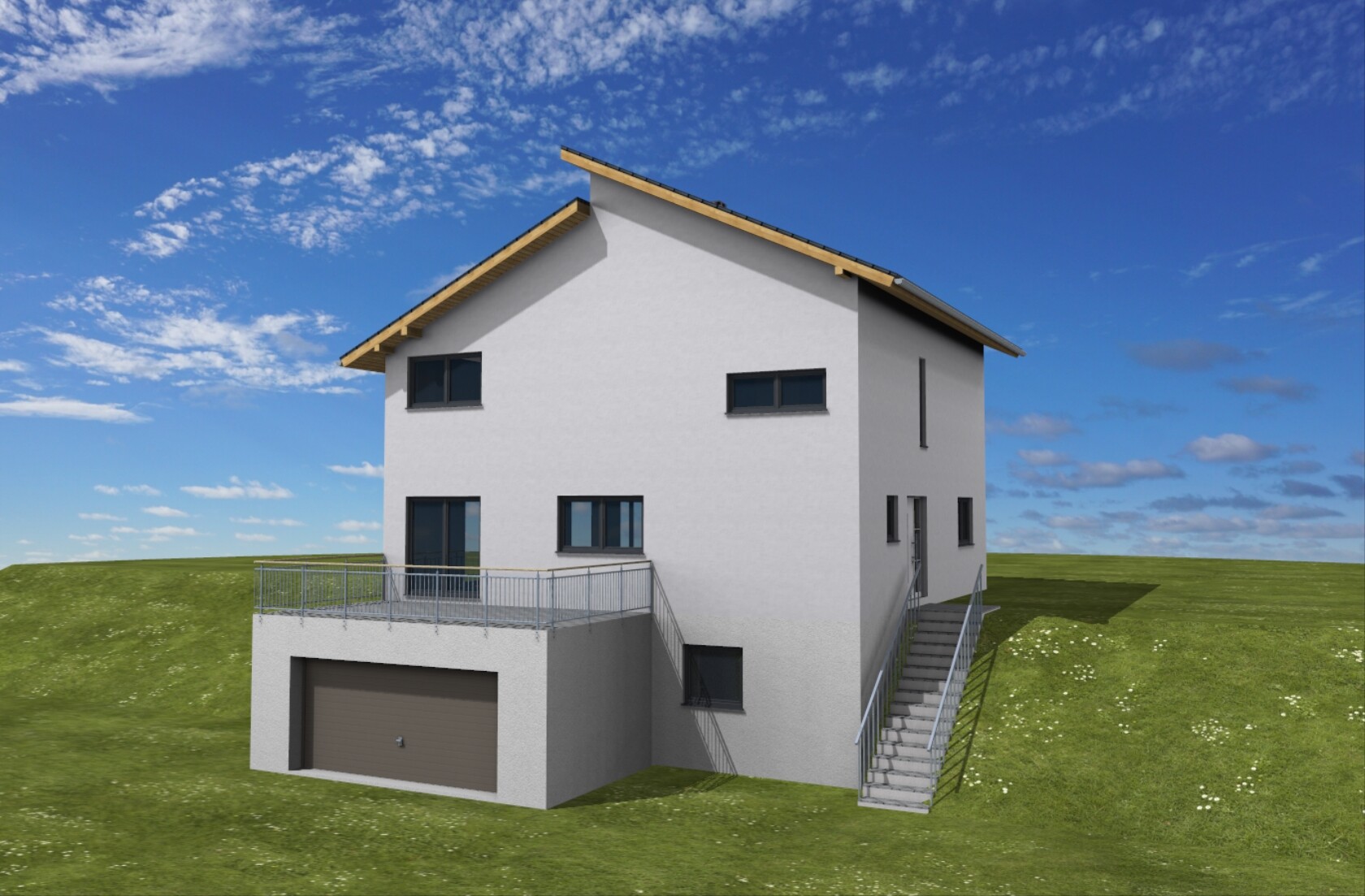 Exterior view of a modern 3D house with garage, terrace, and green area.
