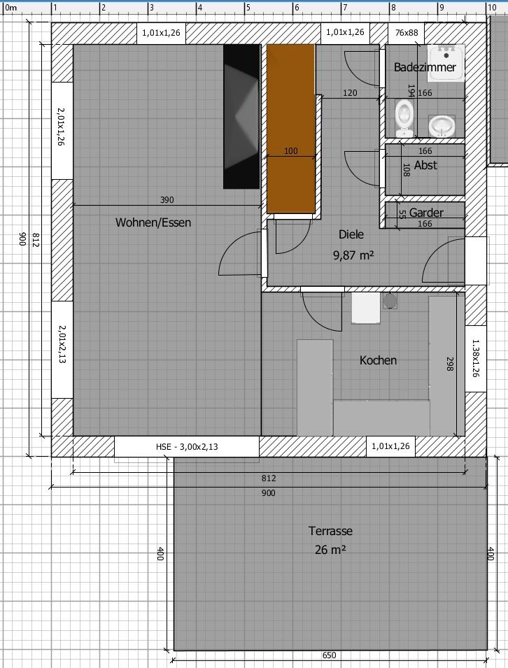 Floor plan of an apartment: Living/dining, kitchen, entrance hall, bathroom, storage room, terrace 26 sqm (280 sq ft).
