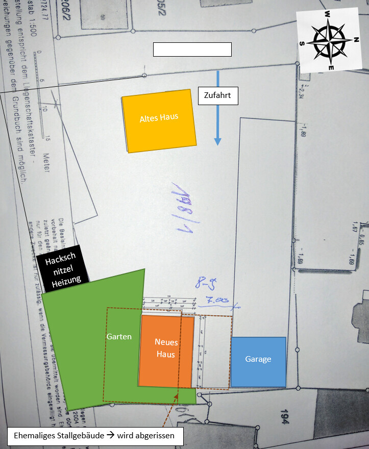 Site plan: old house, new house, garden and garage on the property