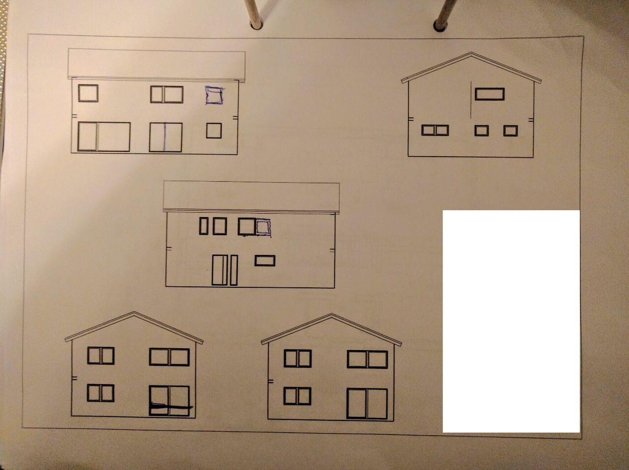 Sketch-like elevations showing front, side and rear views of a residential house.