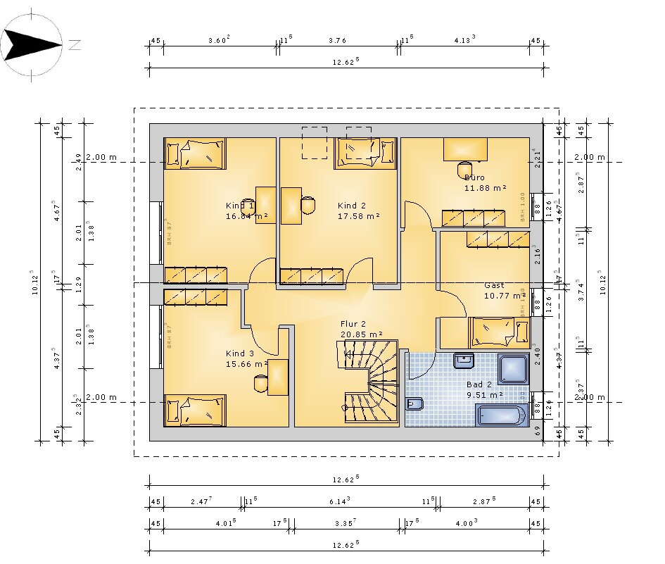 Floor plan of a house: hallway, bathroom, office, guest room and three children's rooms with stairs.