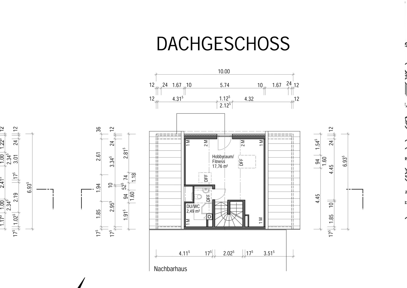 Floor plan attic with hobby room/fitness area, shower/WC, stairs, and outdoor area.