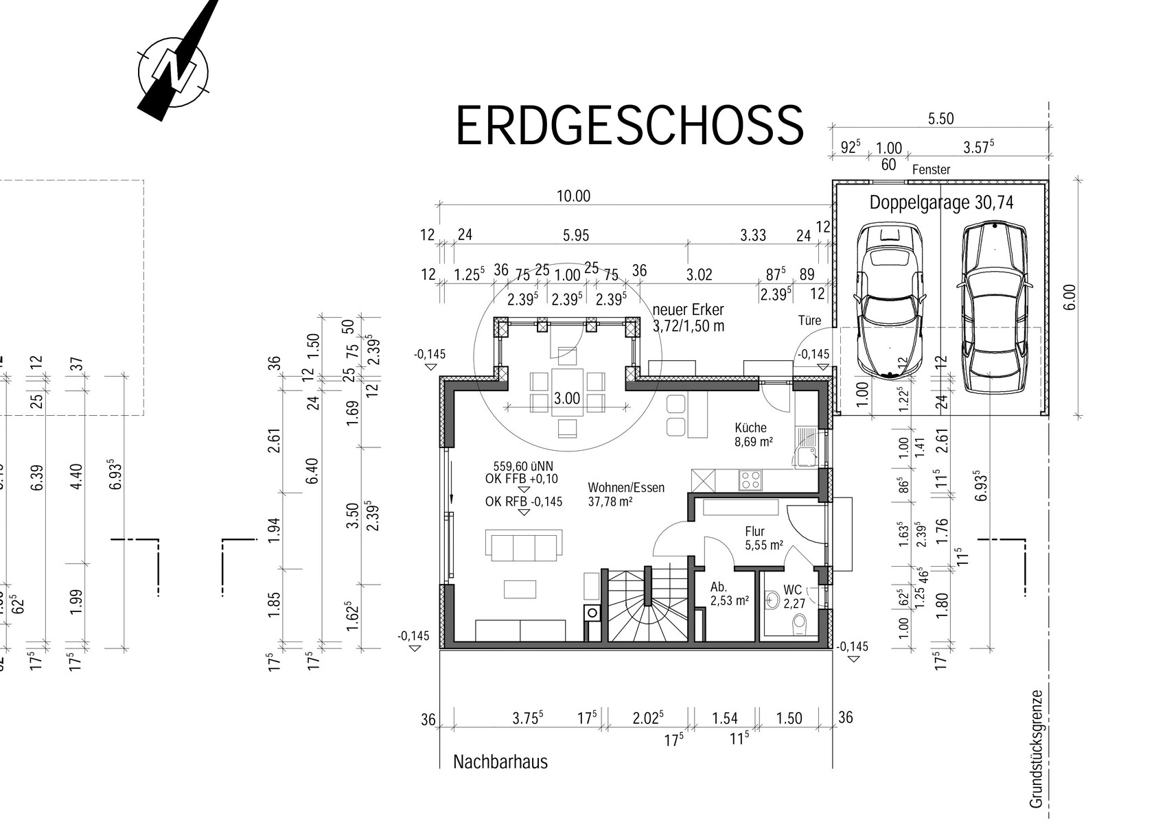 Floor plan ground floor: living room, kitchen, hallway, WC, storage, stairs, garage for 2 cars.