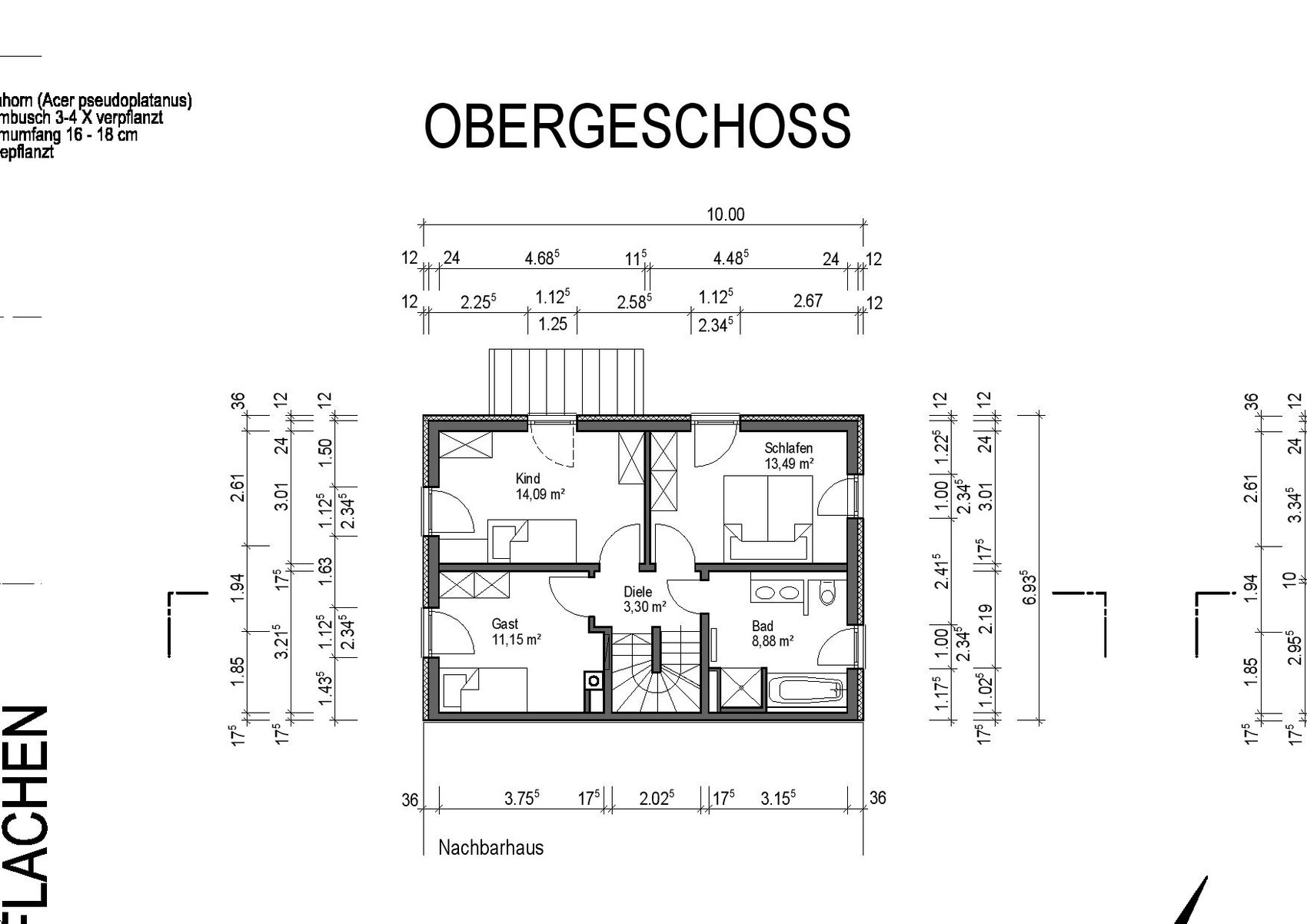 Floor plan upper floor with bedroom, children’s and guest rooms, bathroom and corridor.