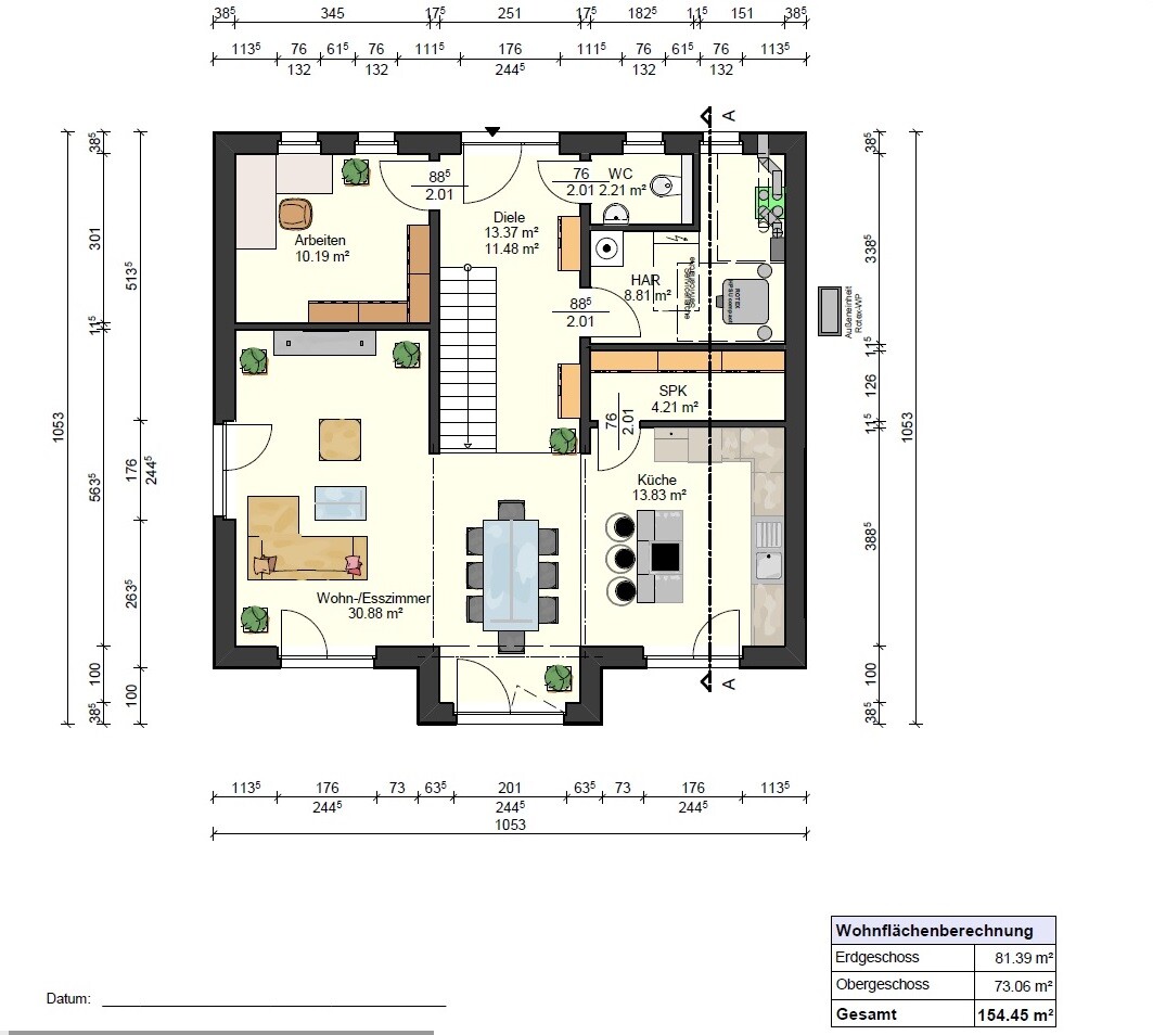Ground floor plan: living/dining room, kitchen, study, hallway, WC, utility room (HAR), pantry (SPK), staircase.