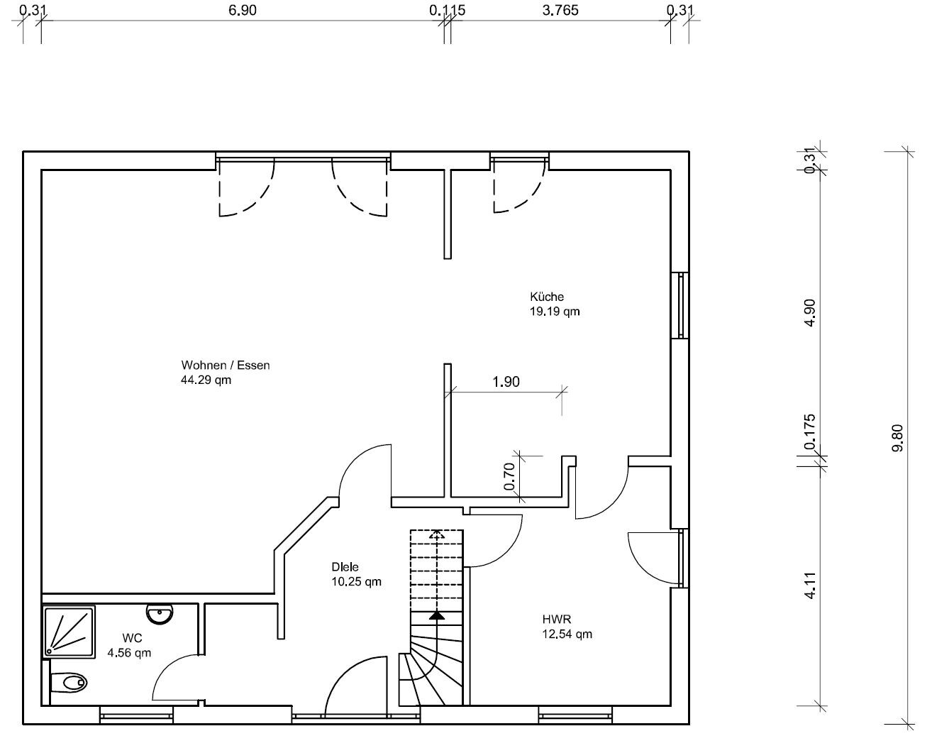 Floor plan of a house with living/dining area, kitchen, hallway, utility room, WC, and stairs.