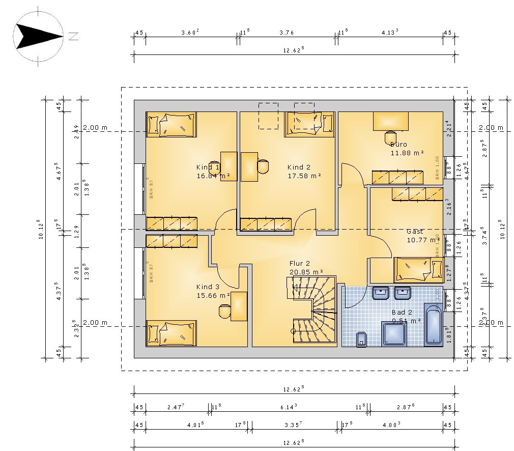 Ground floor plan of a house with several rooms (children, office, guest), hallway, and bathroom.