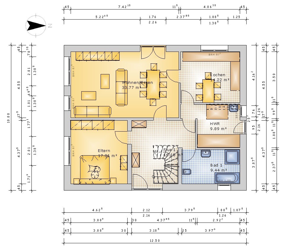 Ground floor plan of a house: living and dining area, kitchen, master bedroom (parents), bathroom, hallway, utility room, stairs