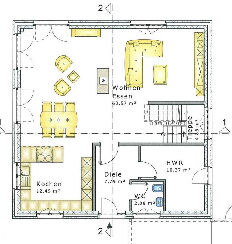 Floor plan of a house: open kitchen, dining area, living room, hallway, toilet, utility room, staircase.