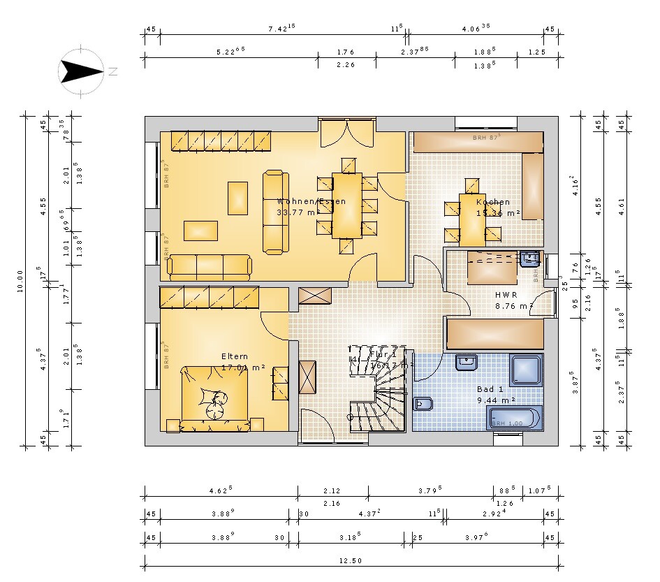 Ground floor plan of a house: living/dining area, kitchen, master bedroom, bathroom, hallway, utility room, stairwell
