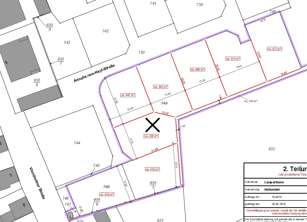 Site plan: Parcels with red boundary lines, purple outlined block, X marks a plot.