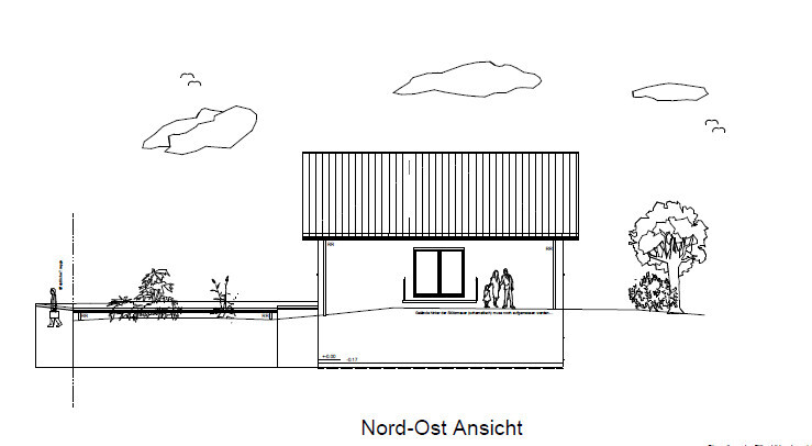 Nordost-Ansicht eines einfachen Hausentwurfs mit Dach, Fenster und Bäumen.