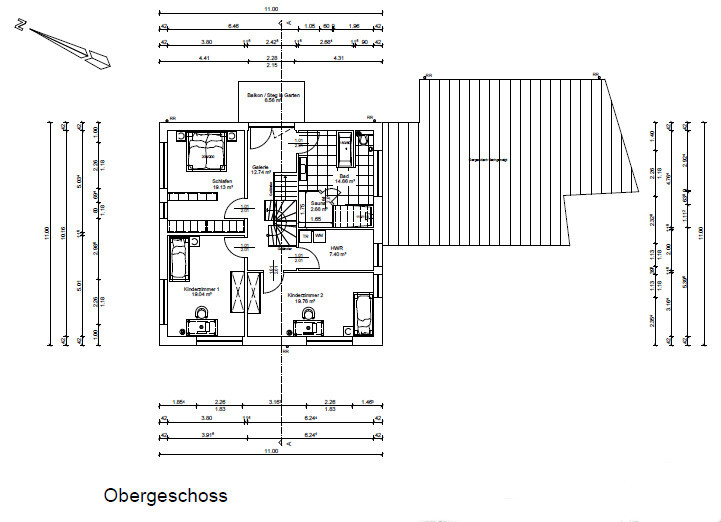 2D Grundriss des Obergeschosses eines Hauses mit Zimmern, Treppen und Dachaufbau