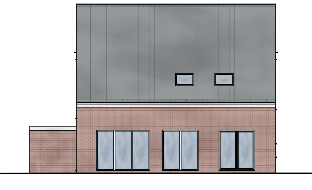 Two-story house facade with red brick base, gray metal cladding above and large windows