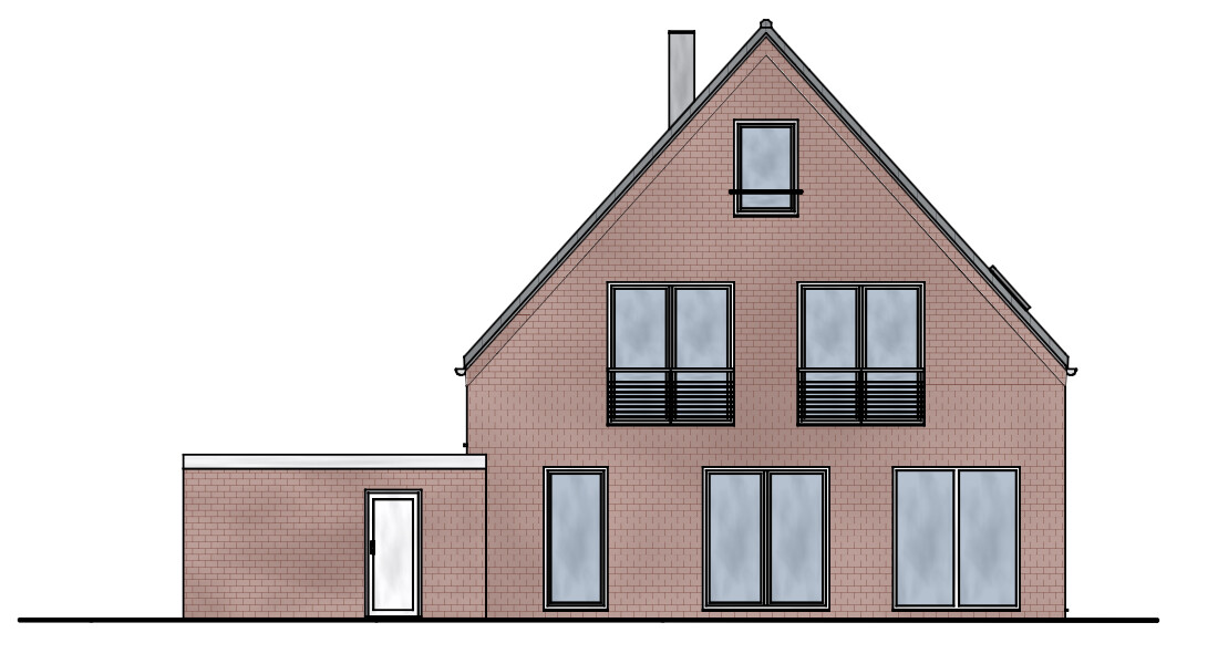 Front view of a red brick house with large windows and sloped roof