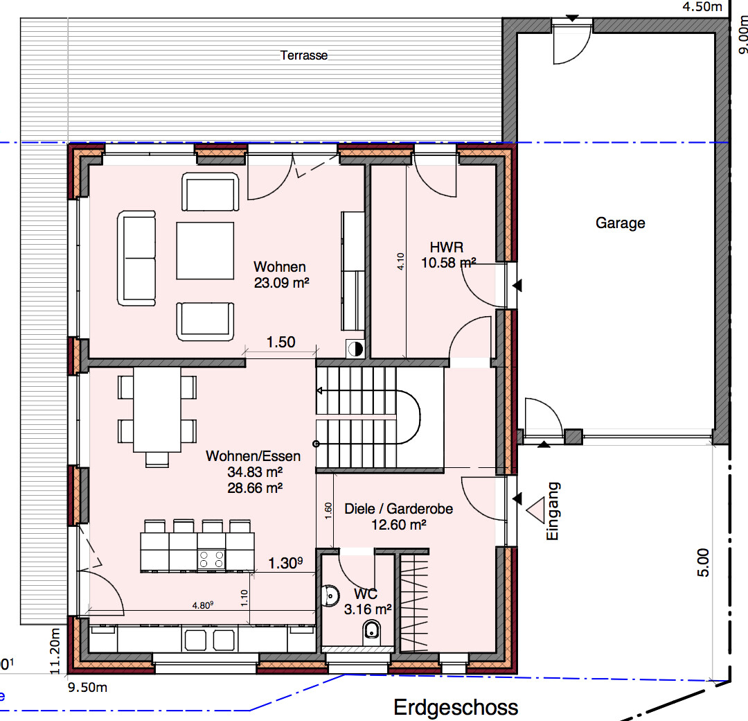 Ground floor plan of a house with living room, dining area, hall, toilet, utility room, terrace and garage