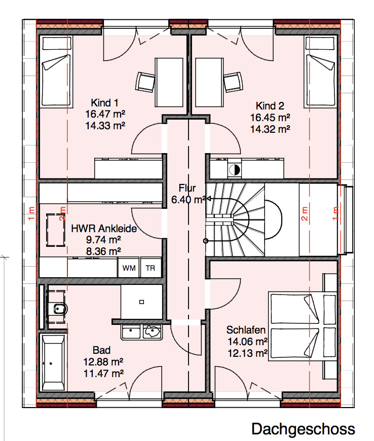 Upper floor plan with children’s bedrooms, bedroom, bathroom, hallway and stairs