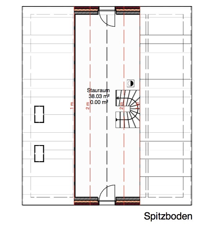 Attic floor plan with storage area and spiral staircase