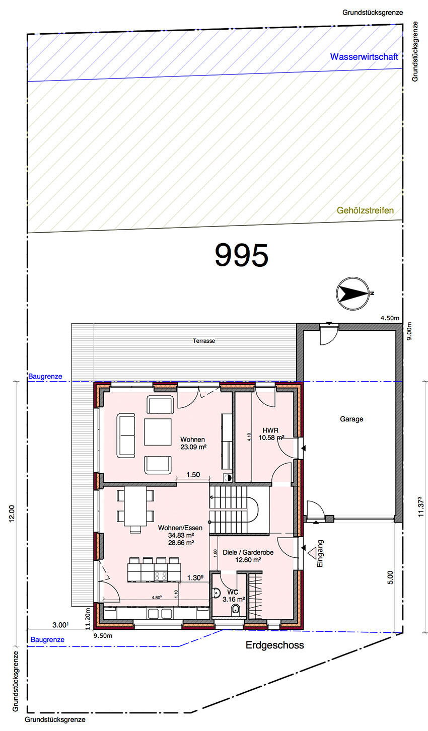 Floor plan of a house with terrace, garage and property boundary on the ground floor