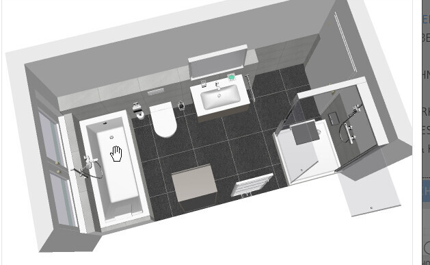 Isometric bathroom layout: bathtub left, toilet, sink with mirror, shower right.