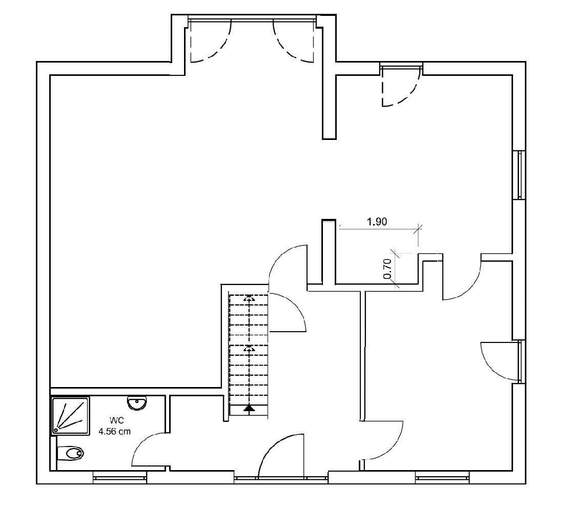 Floor plan of a building section with staircase, WC (4.56 m² (49 sq ft)) and several rooms.