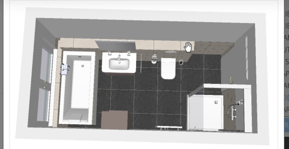 Top-down 3D bathroom floor plan: bathtub left, sink middle, toilet, shower right, tiles