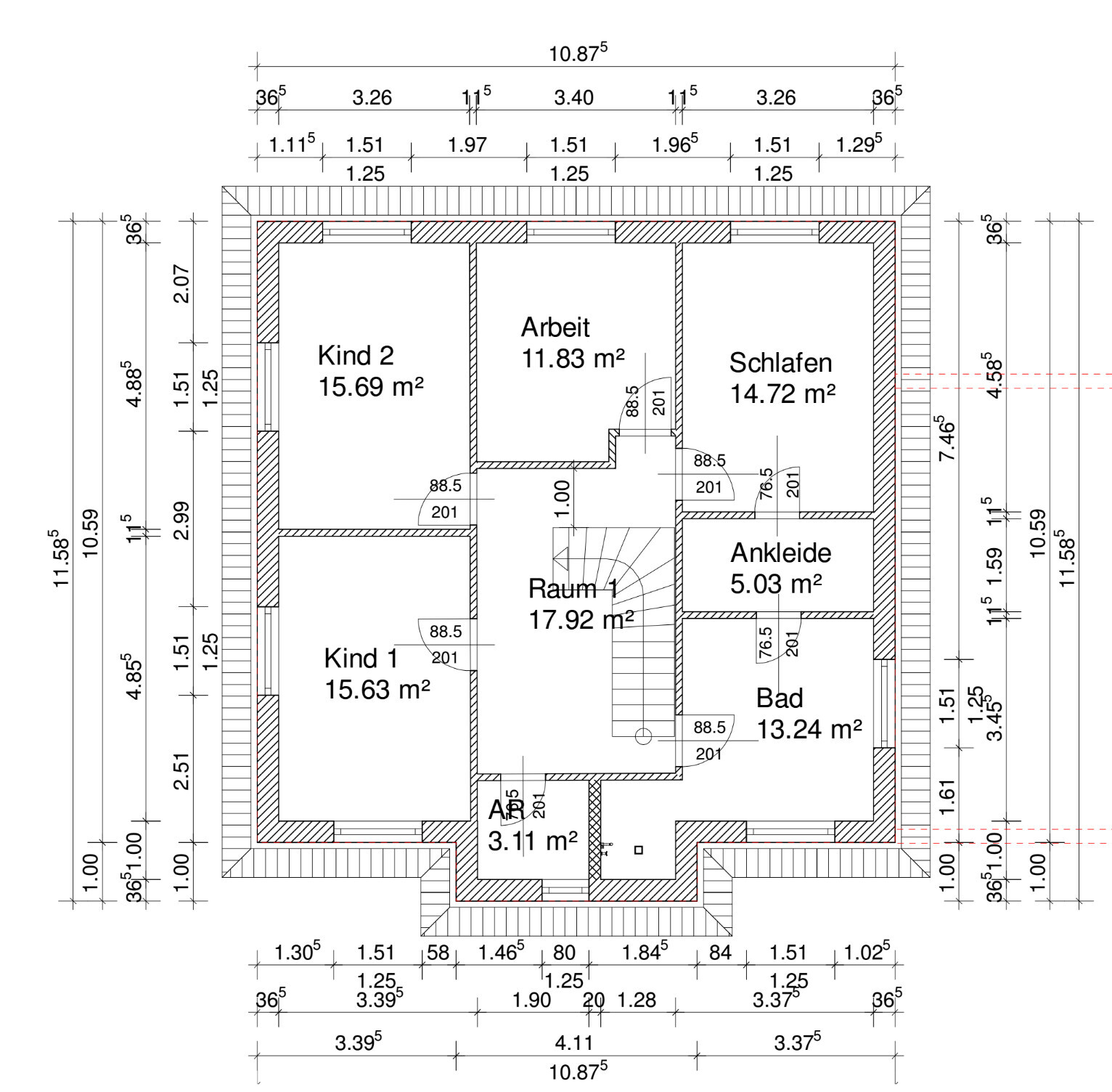 Floor plan of a house with study, bedroom, two children’s rooms, dressing room and bathroom