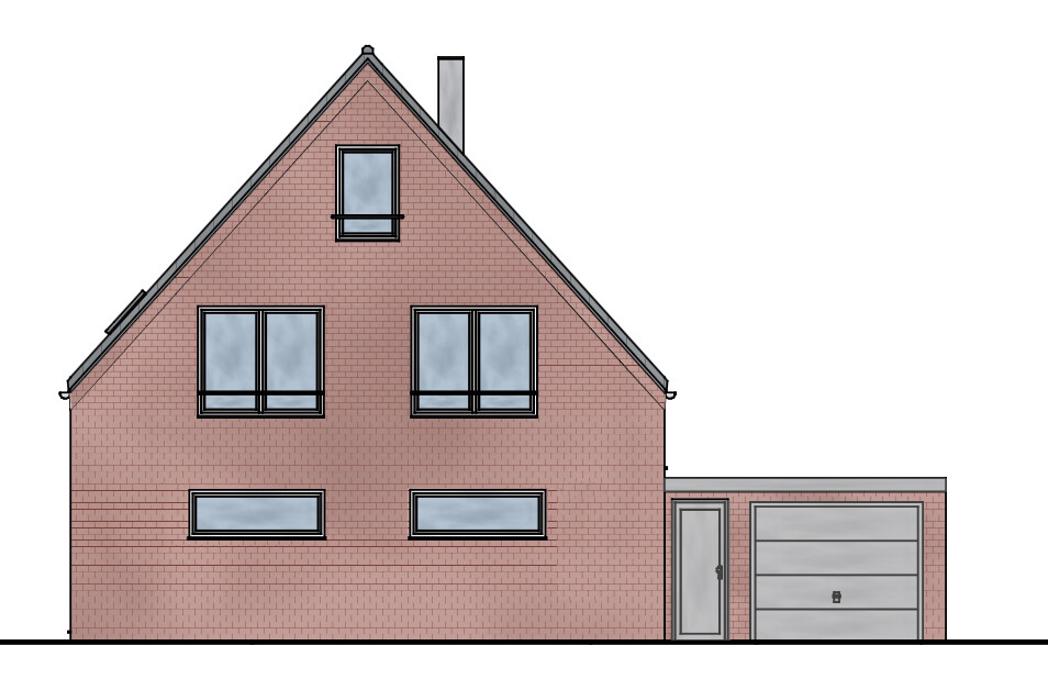 Front view of a two-story brick house with garage and large windows