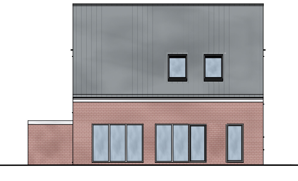 Two-story house with red brick facade on the lower floor and gray metal facade on the upper floor, large windows