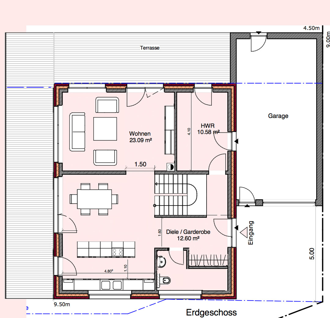 2D ground floor plan: living room, kitchen, hallway, utility room, garage, terrace