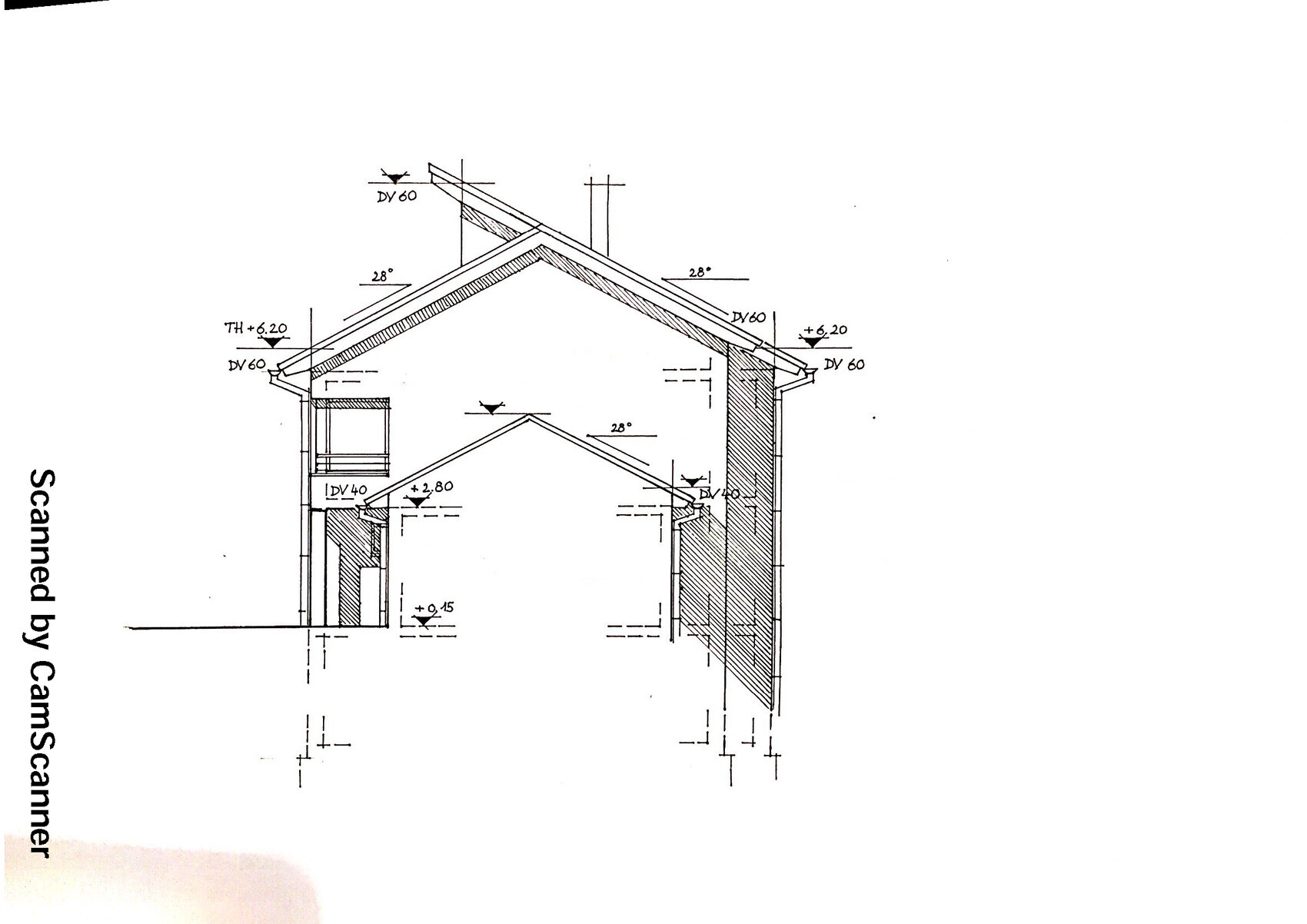 Architectural house section showing roof structure, walls, and window details