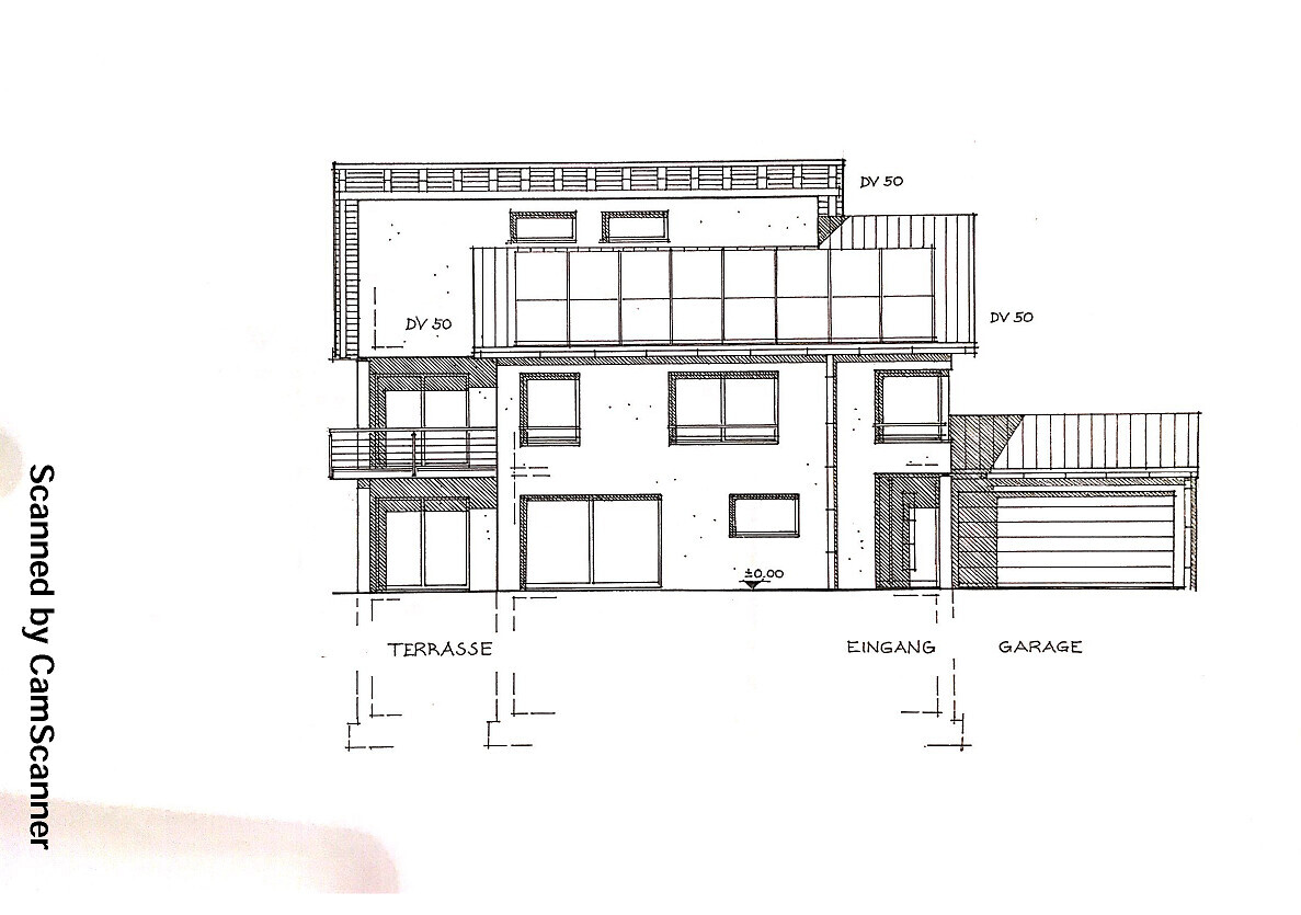 Architectural drawing of a two-storey house front with terrace, entrance, and garage