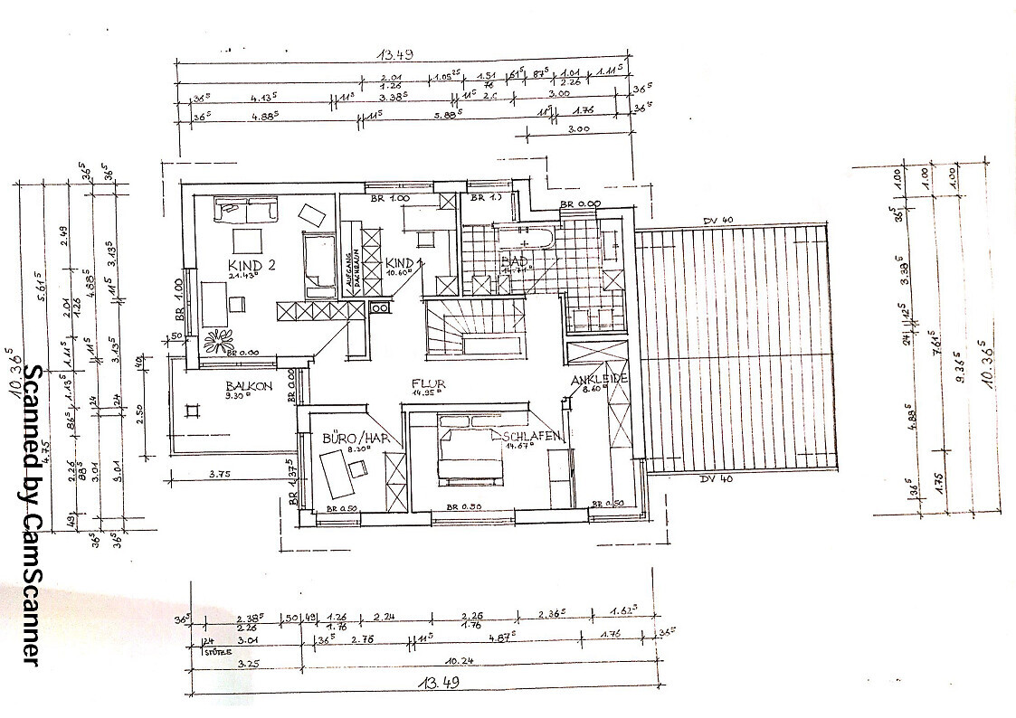 2D floor plan of a house with bedrooms, hallway, living room, and balcony
