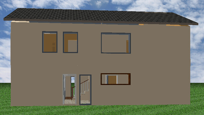 Exterior view of a 3D house with entrance door, windows, and roof in front of green lawn