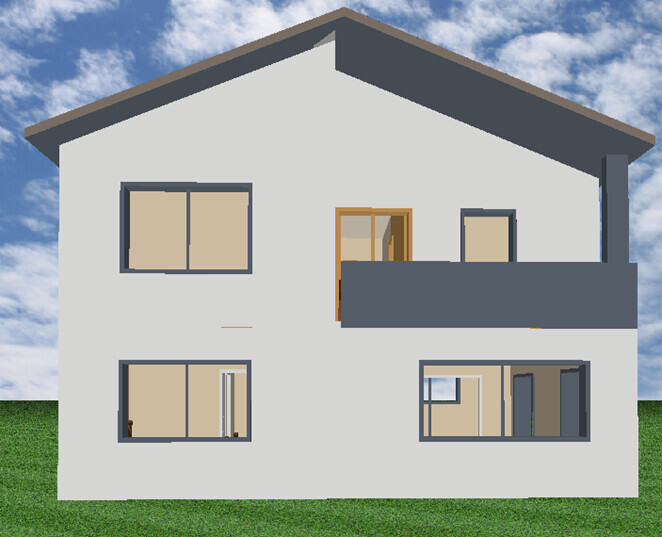 Front view of a 3D house with balcony, large windows, and green lawn.