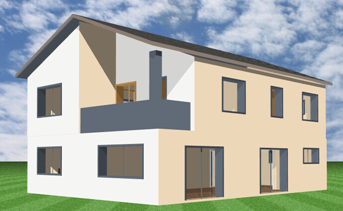 Modern 3D house view with balcony, large windows, and garden.