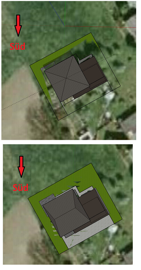 Aerial view of a house on the plot with south orientation and 3D representation