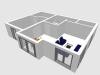 3D house model with floor plan and interior rooms: kitchen, living room, hallway