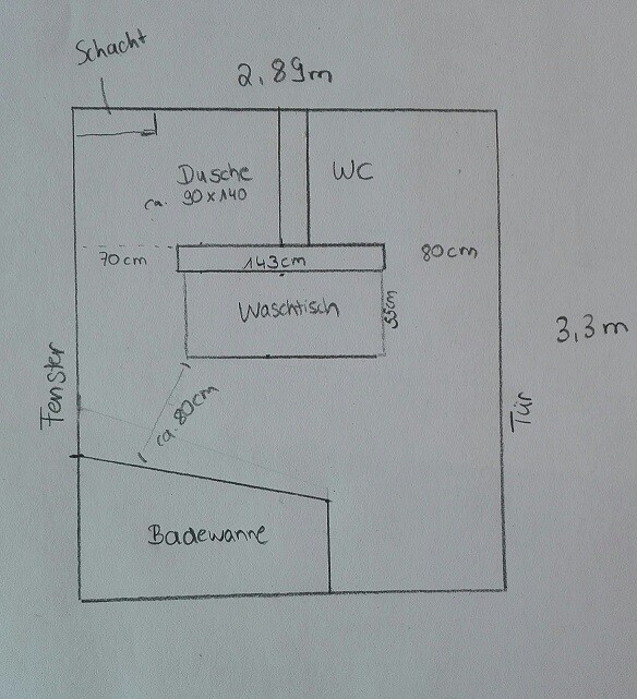 Floor plan of a bathroom with shower, washbasin, bathtub, toilet, window and door.