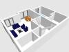 3D floor plan of a house with kitchen and dining area, blue kitchen island and grey rooms