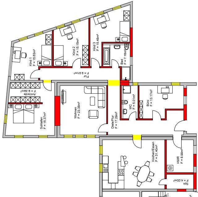 Detailed floor plan of a multi-room house with kitchen, living room, bedroom