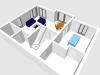 Isometric 3D floor plan of a house with several rooms, kitchen and hallway.